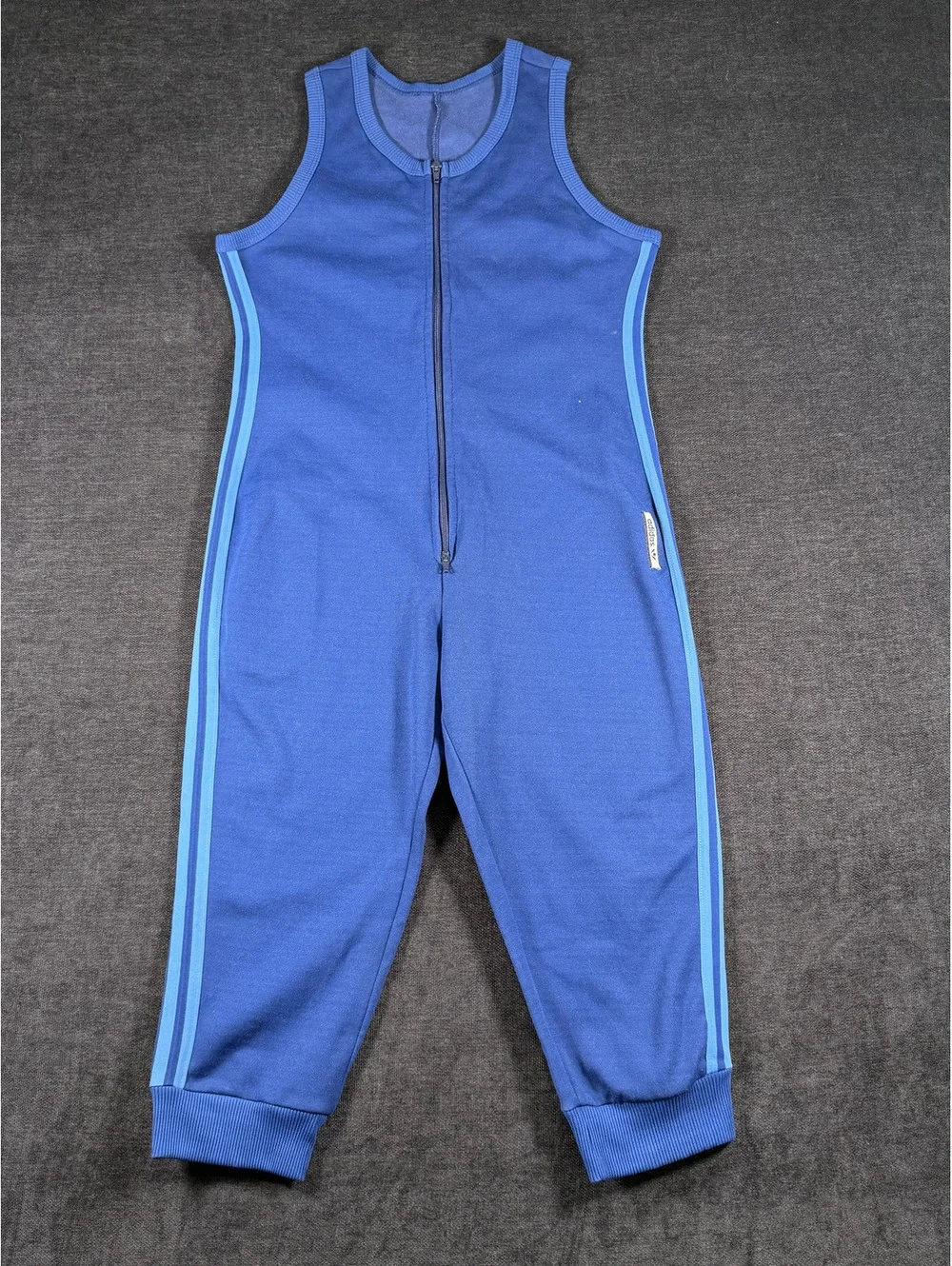 Vintage Adidas Sleeveless Blue Jumpsuit with Light Blue Stripes